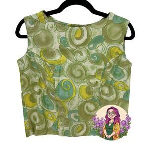 VTG 60s Wash N Wear Psychedelic Swirl Cotton Sleeveless Blouse Green Yellow S